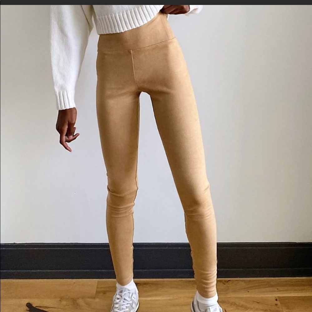 Aritzia Daria pants in faux suede camel and charcoal colours Wilfred Free.